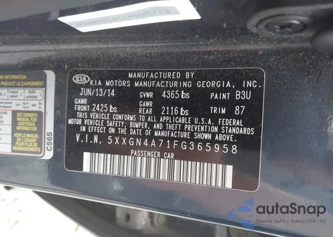 2015 Kia Optima Ex z USA, uszkodzony, nr VIN 5XXGN4A71FG365958